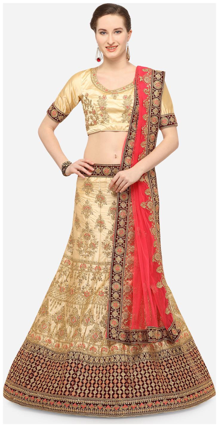 

Maroosh Women Beige Semi Stiched Embroidered Silk Lehenga Choli