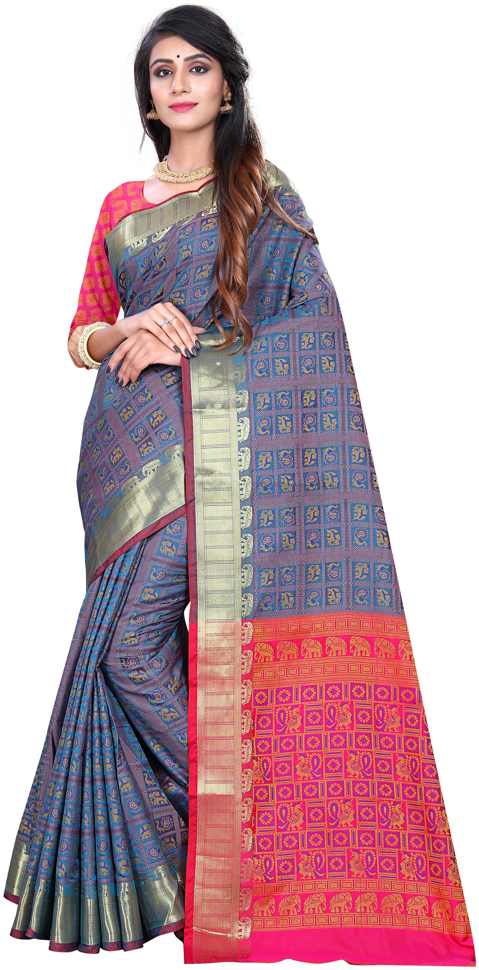 

Maroosh Women Silk Kanchipuram Silk Saree Multi color