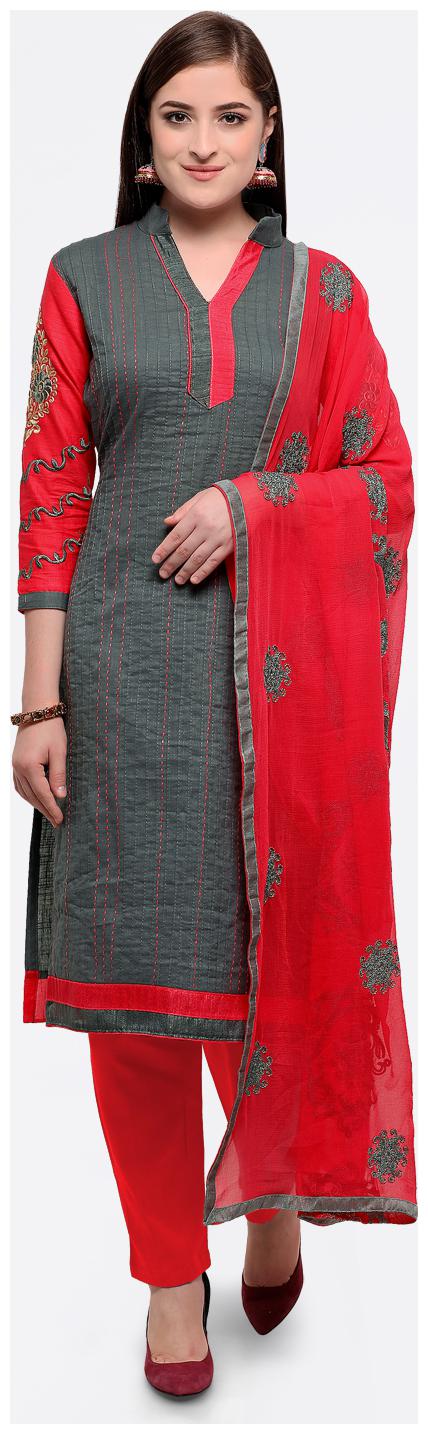 

Maroosh Women Grey Semi Stitched Embroidered Cotton Dress Material