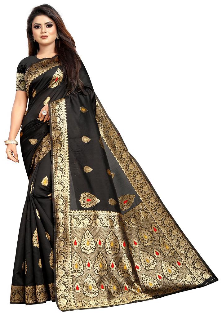 

Matindra Enterprise Women s Pure Silk Party Wear Saree With Blouse(Black)