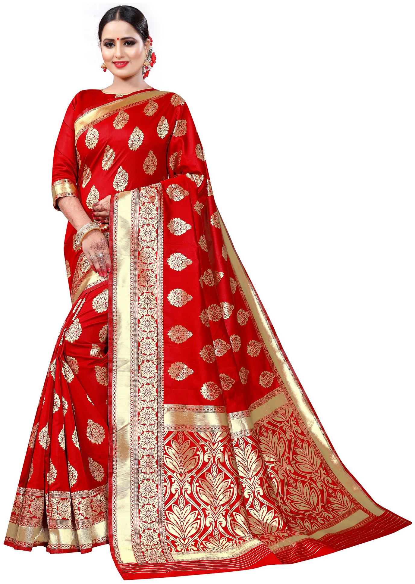 

Matindra Enterprise Women s Pure Silk Party Wear Saree With Blouse(Red)