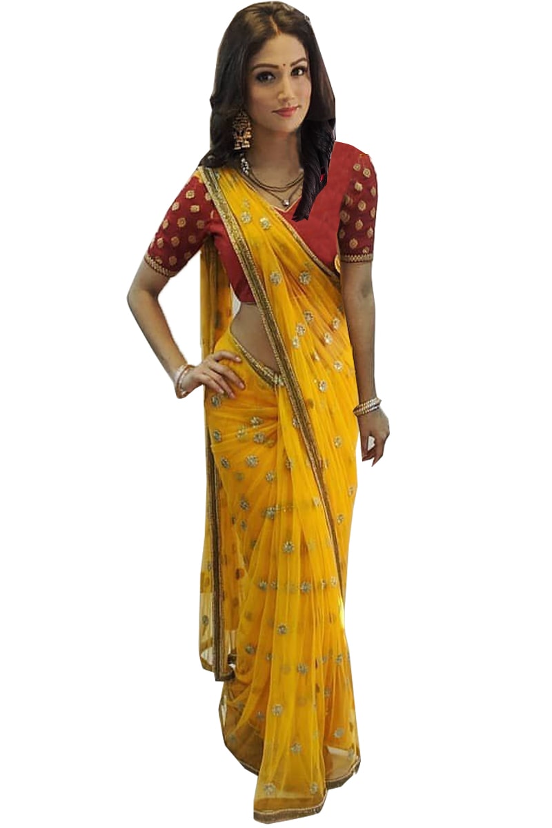 

Matindra Enterprise Women Yellow Organza Embroidered Saree
