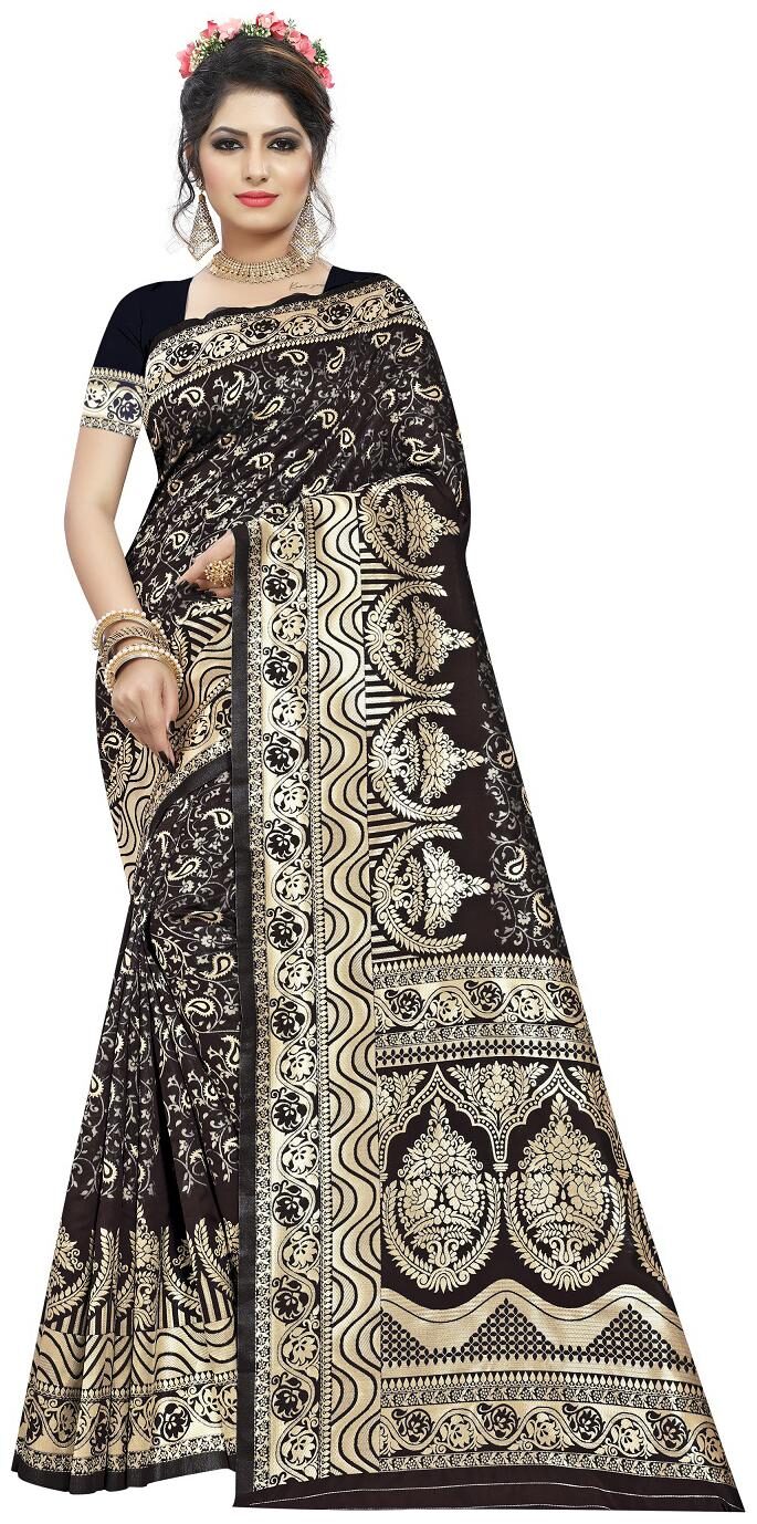 

Matindra Enterprise Women s Pure Silk Party Wear Saree With Blouse(Black)