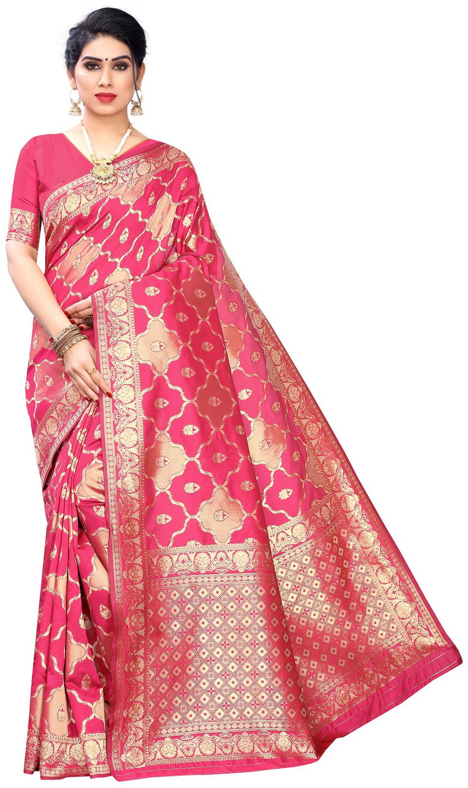 

Matindra Enterprise Women s Pure Silk Party Wear Saree With Blouse(Pink)