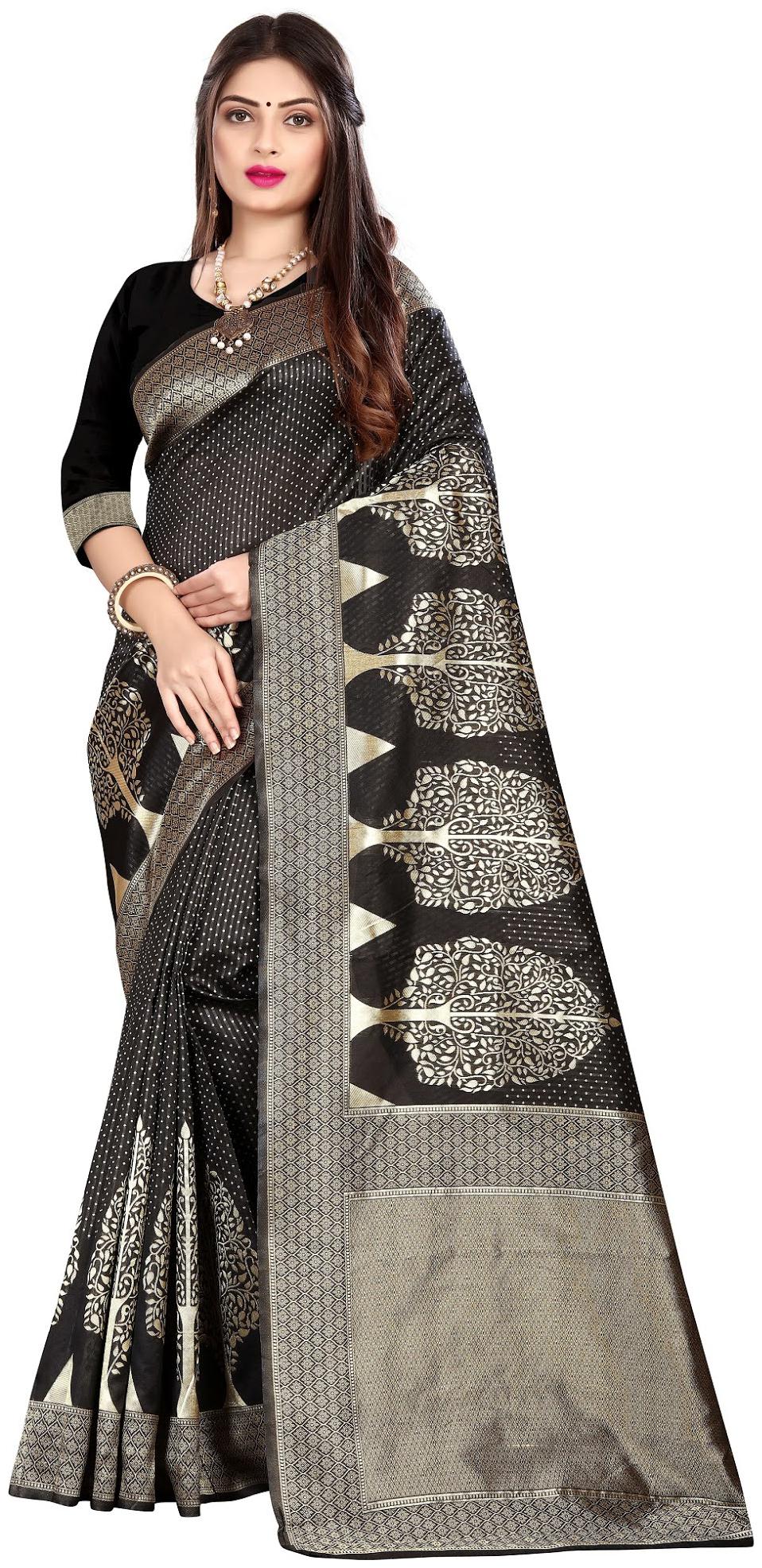 

Matindra Enterprise Women s Pure Silk Party Wear Saree With Blouse(Black)