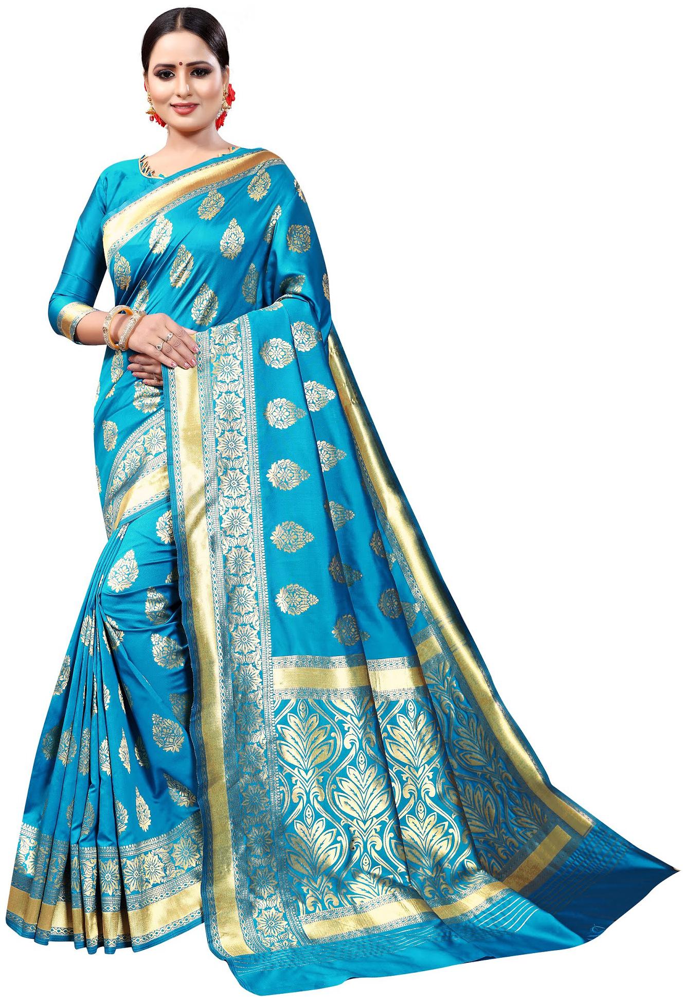 

Matindra Enterprise Women s Pure Silk Party Wear Saree With Blouse(Turquoise)