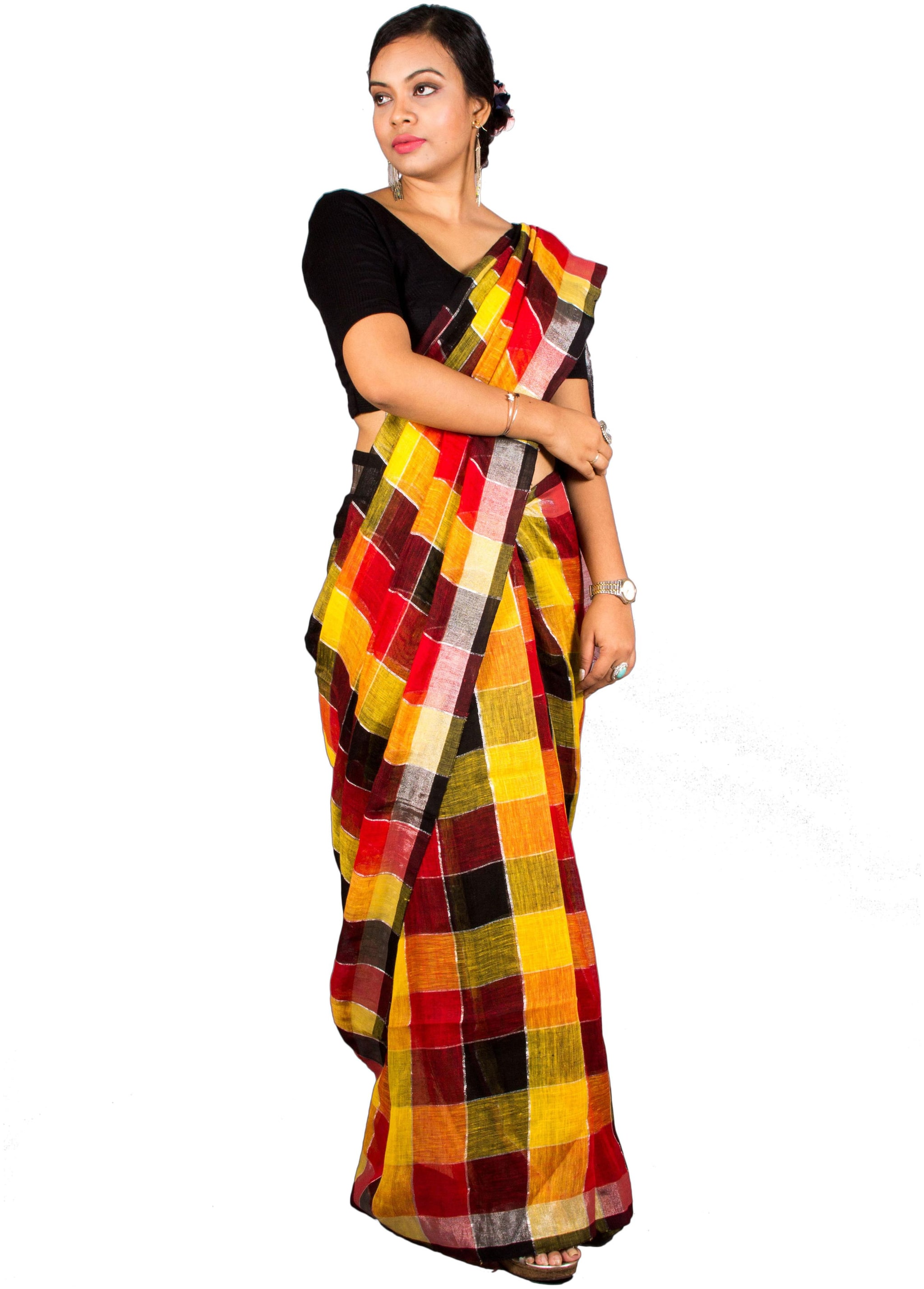 

Mayasha Handwoven Linen Check Saree with Zari Border and Palla