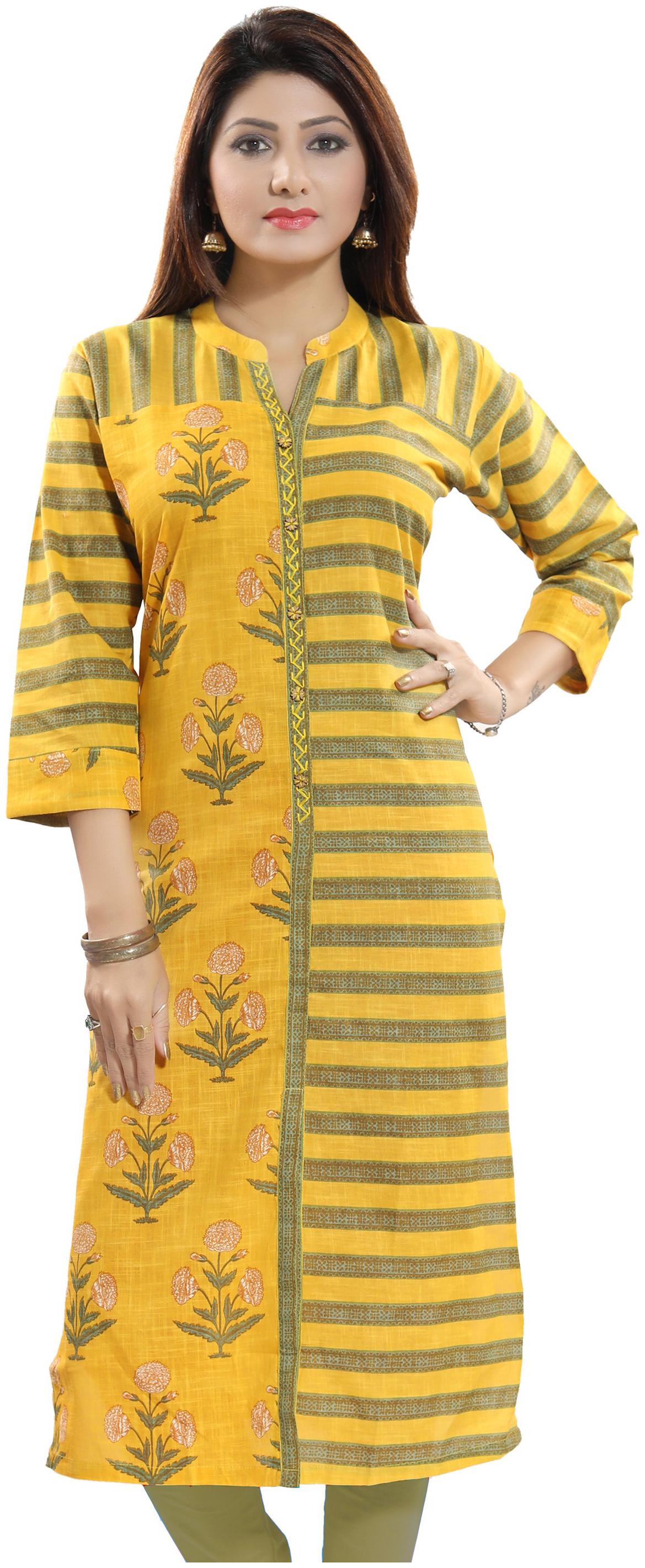 

Meher Impex Floral Mustard Yellow Long Printed Kurti