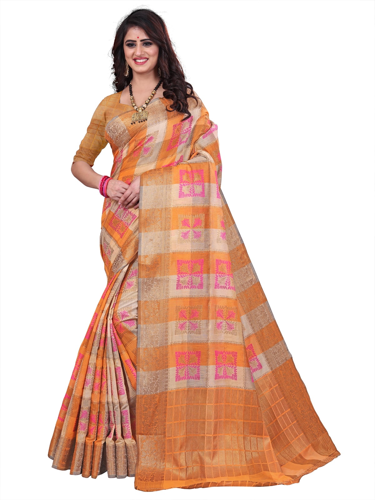 

Mehrang Cotton Blend Checkered Multi Color Saree with Blouse