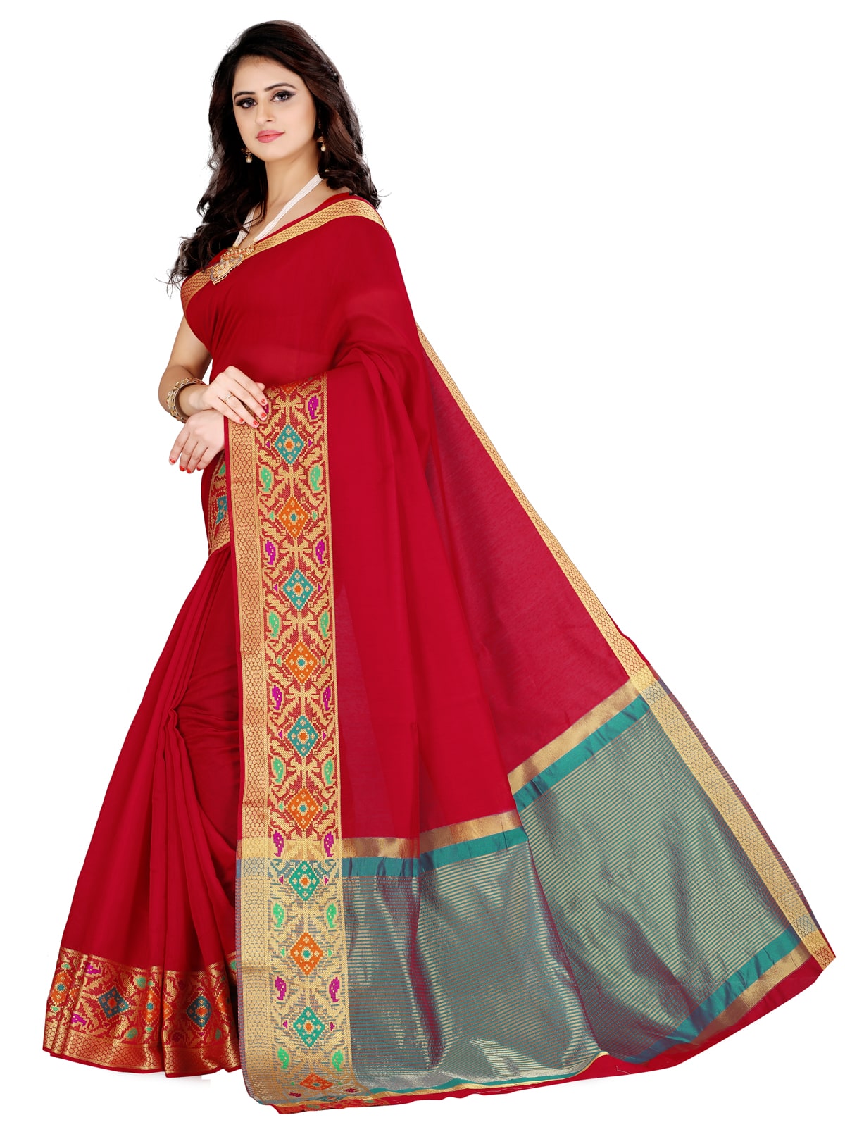 

Mehrang Cotton Blend Solid Red Color Designer Saree With Blouse