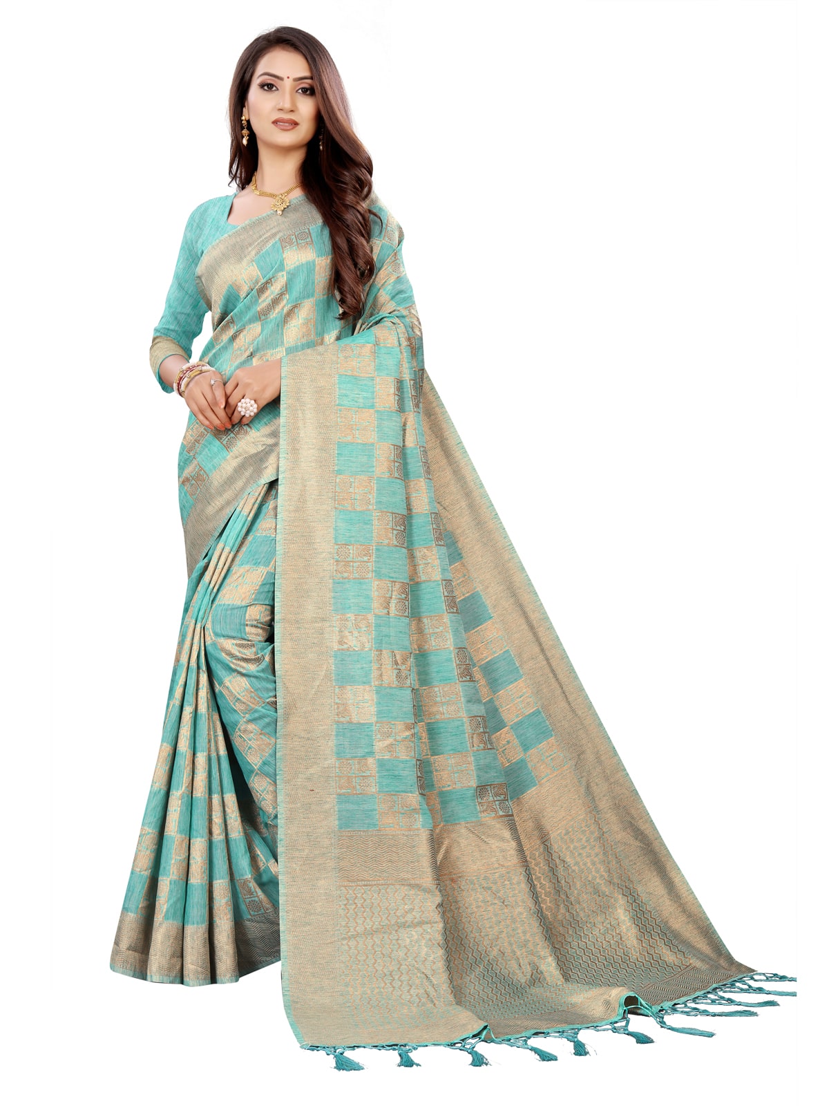 

Mehrang Cotton Blend Checkered Blue Brown Color Designer Saree With Blouse