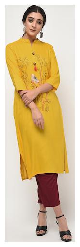 

Mehsoos Women Yellow Embroidered Straight Kurti