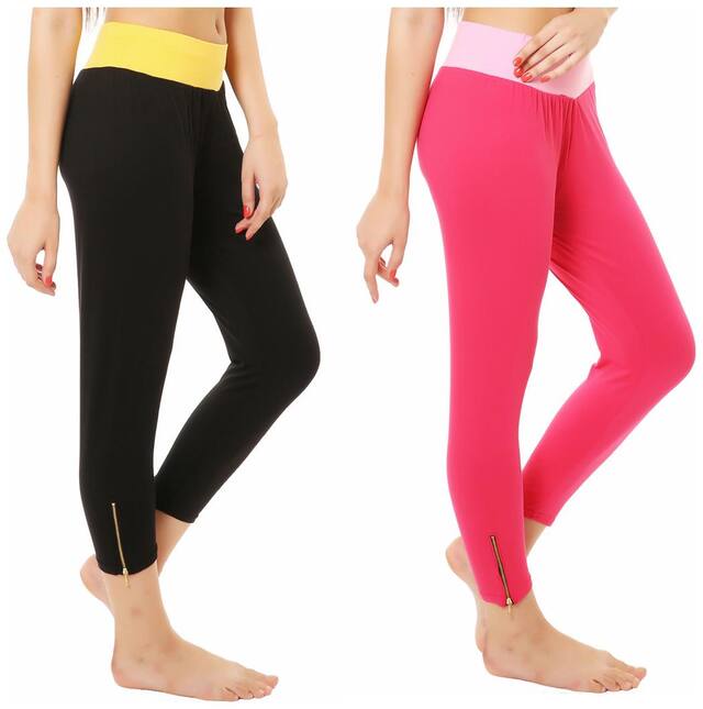 Melisa Comfortable Cotton Lycra Capri Zipper Leggings for Women Pack of 2