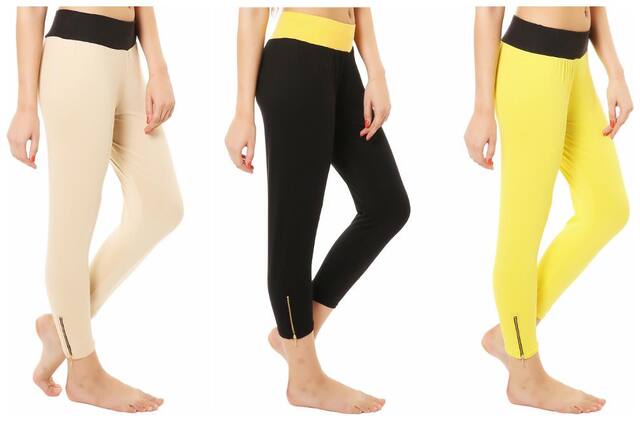 Melisa Comfortable Cotton Lycra Capri Zipper Leggings for Women Pack of 3