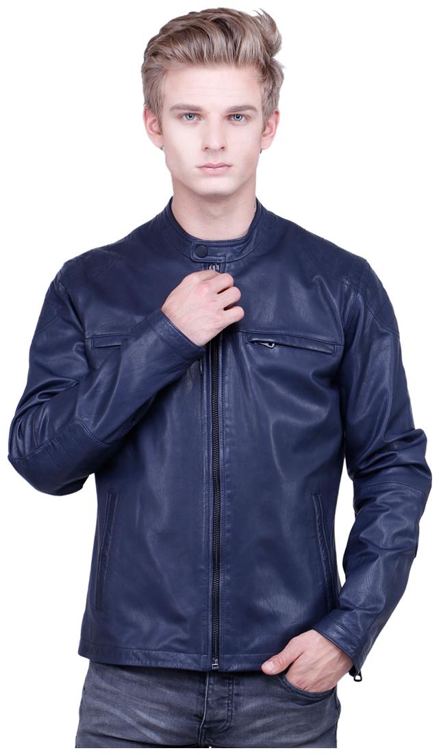 

Justanned Men Blue Solid Biker jacket