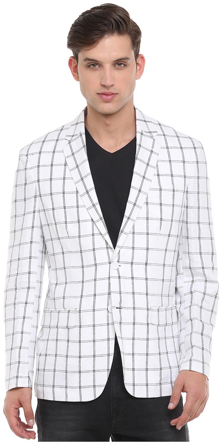 

Men White Black-Regular Fit-Checked-Single Breasted-Blazer