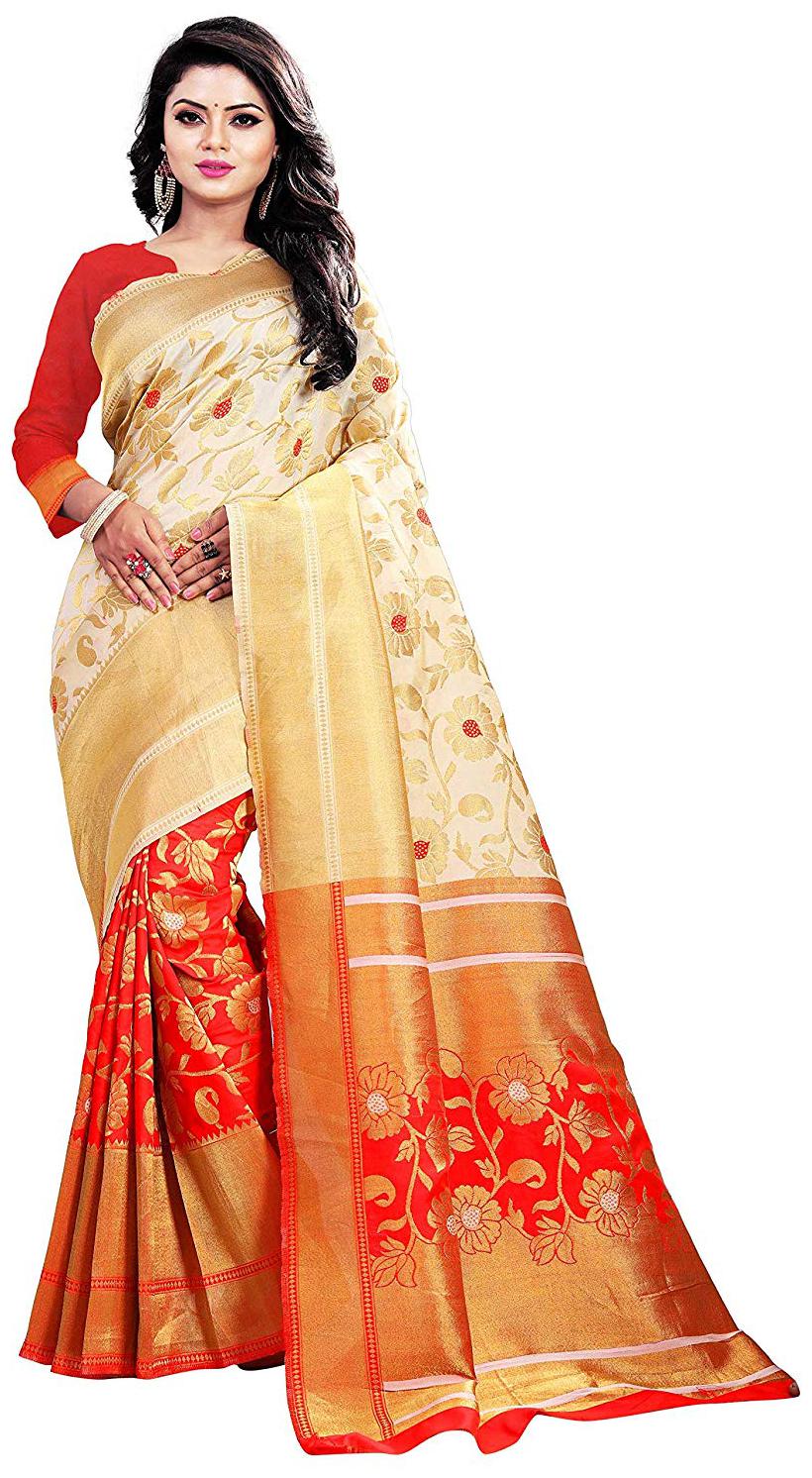 

Meraru Multicolor Banarasi Embroidery Work Saree With Blouse Pices