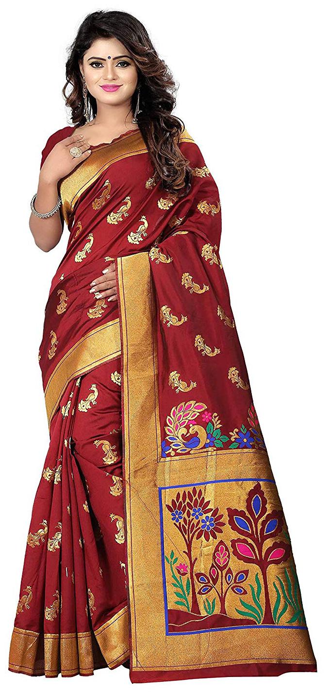 

Meraru Multicolor Banarasi Embroidery Work Saree With Blouse Pices