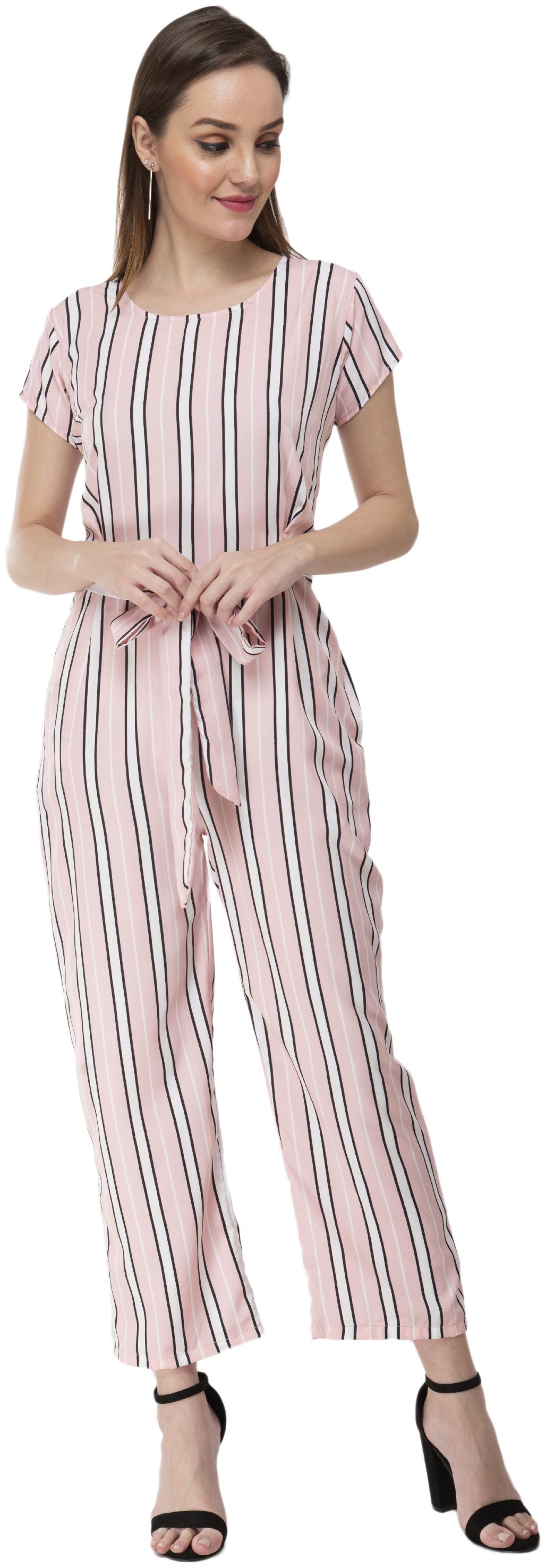 

Milky Way Crepe Peach Striped Jumpsuit For Women