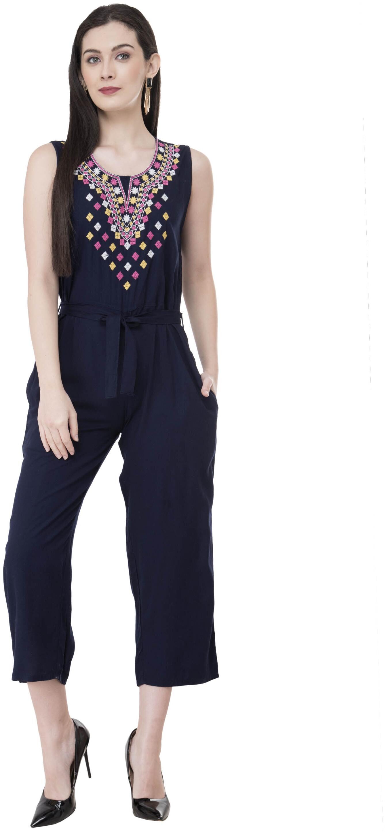 

Milky Way Viscose Rayon Navy Blue Embroidered Jumpsuit For Women