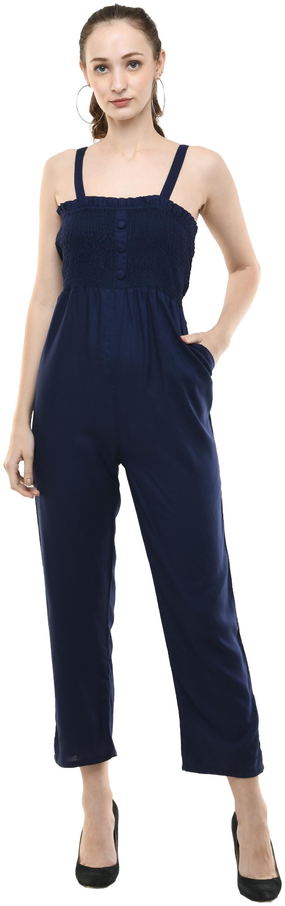 

Milky Way Women Viscose Rayon Solid Navy Blue Jumpsuit