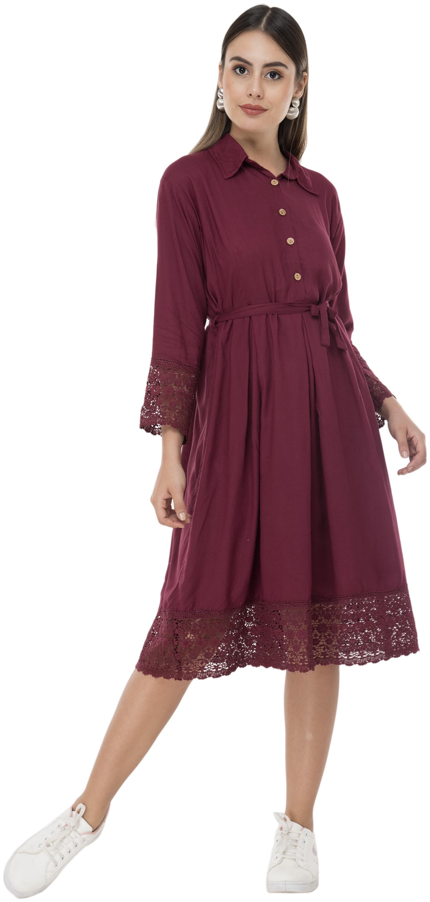 

Milky Way Maroon Solid A-line dress