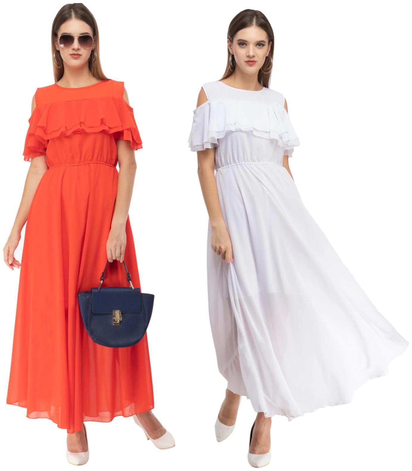 

Milky Way Orange White Solid Fit flare dress