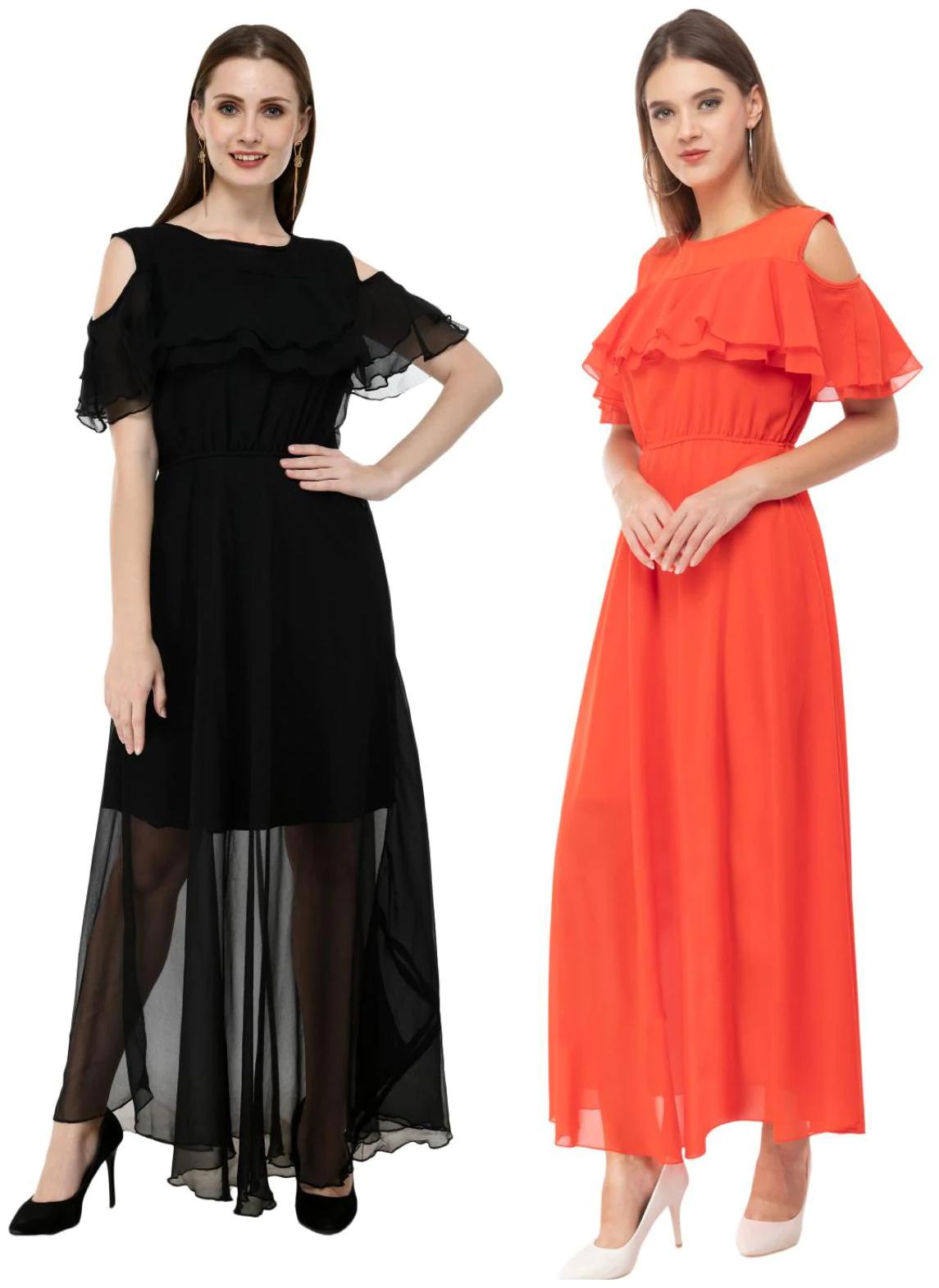 

Milky Way Black Orange Solid Fit flare dress