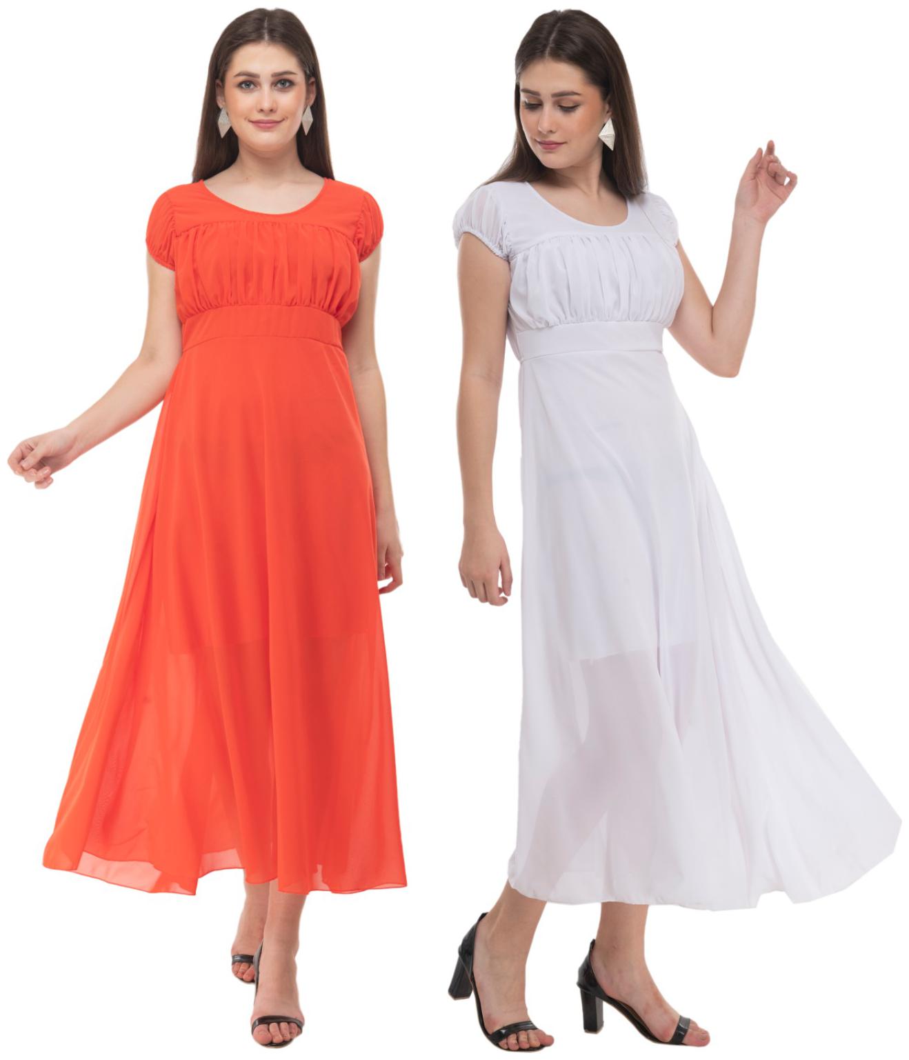 

Milky Way Orange White Solid Fit flare dress