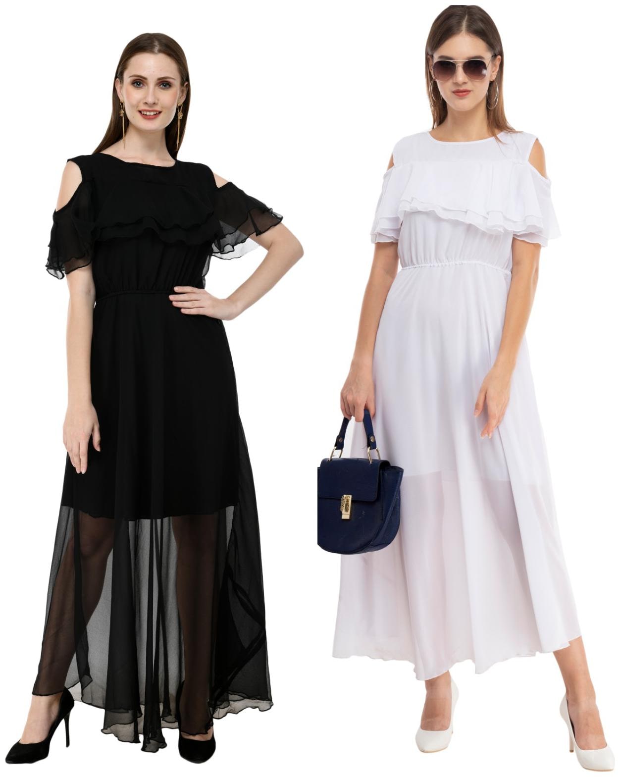 

Milky Way Black White Solid Fit flare dress
