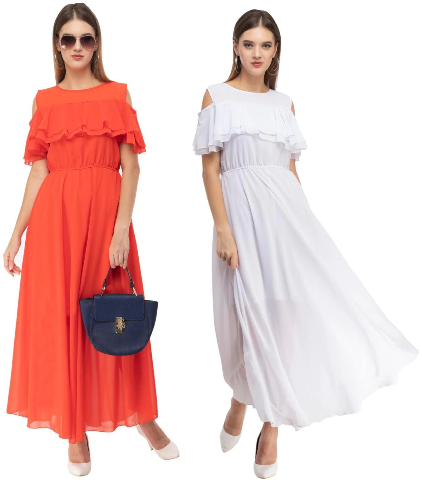 

Milky Way Orange White Solid Fit flare dress