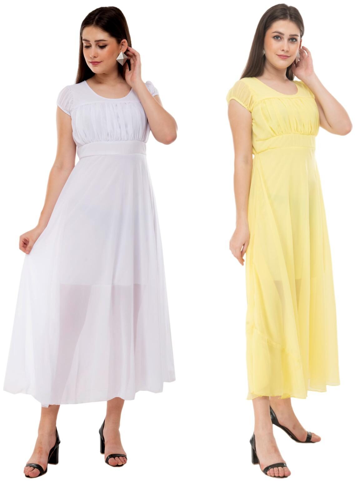 

Milky Way White Yellow Solid Fit flare dress