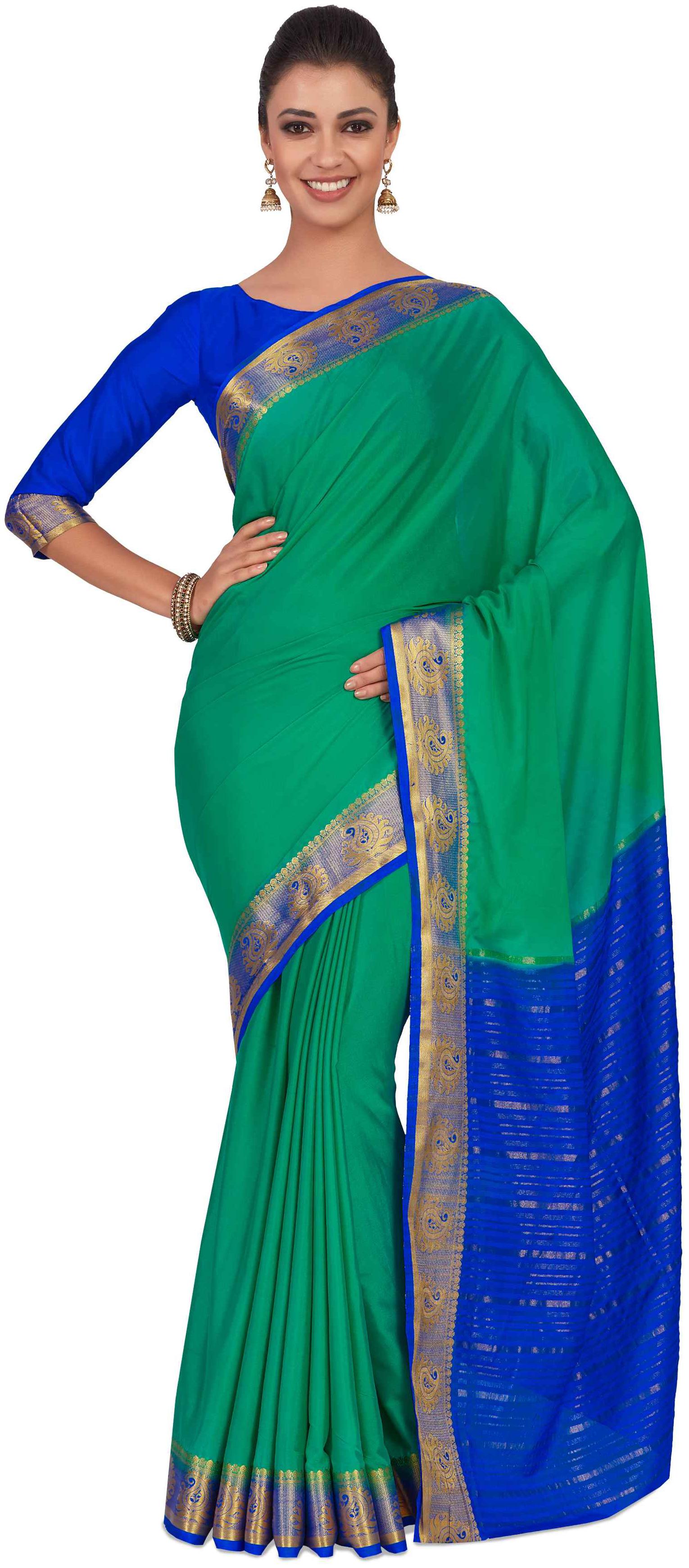 

Mimosa Art Crape silk Wedding saree Kanjivarm style With Contrast Blouse Color Green (4320-2262-2D-RMA-RBLU)