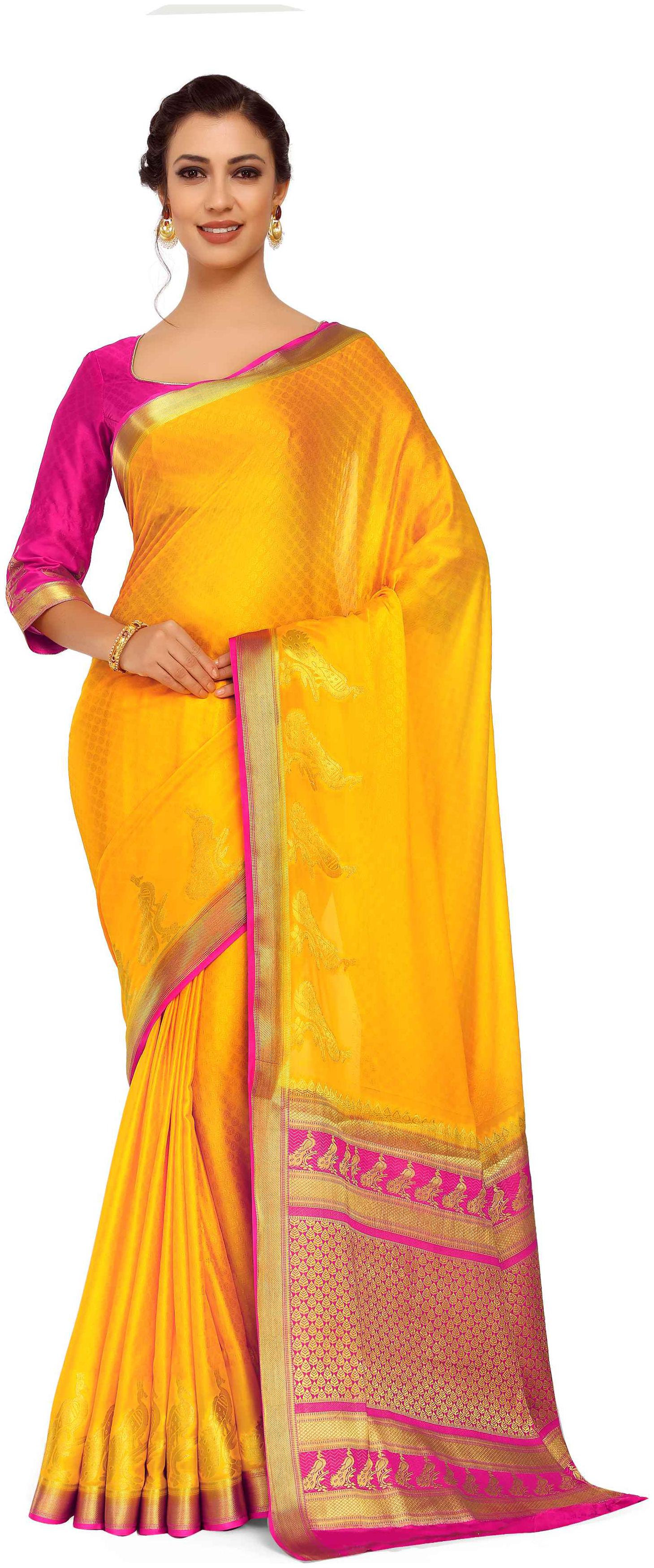 

Mimosa Art Crape silk Wedding saree Kanjivarm Pattu style With Contrast Blouse Color Gold (4250-2256-2D-GLD-RNI)
