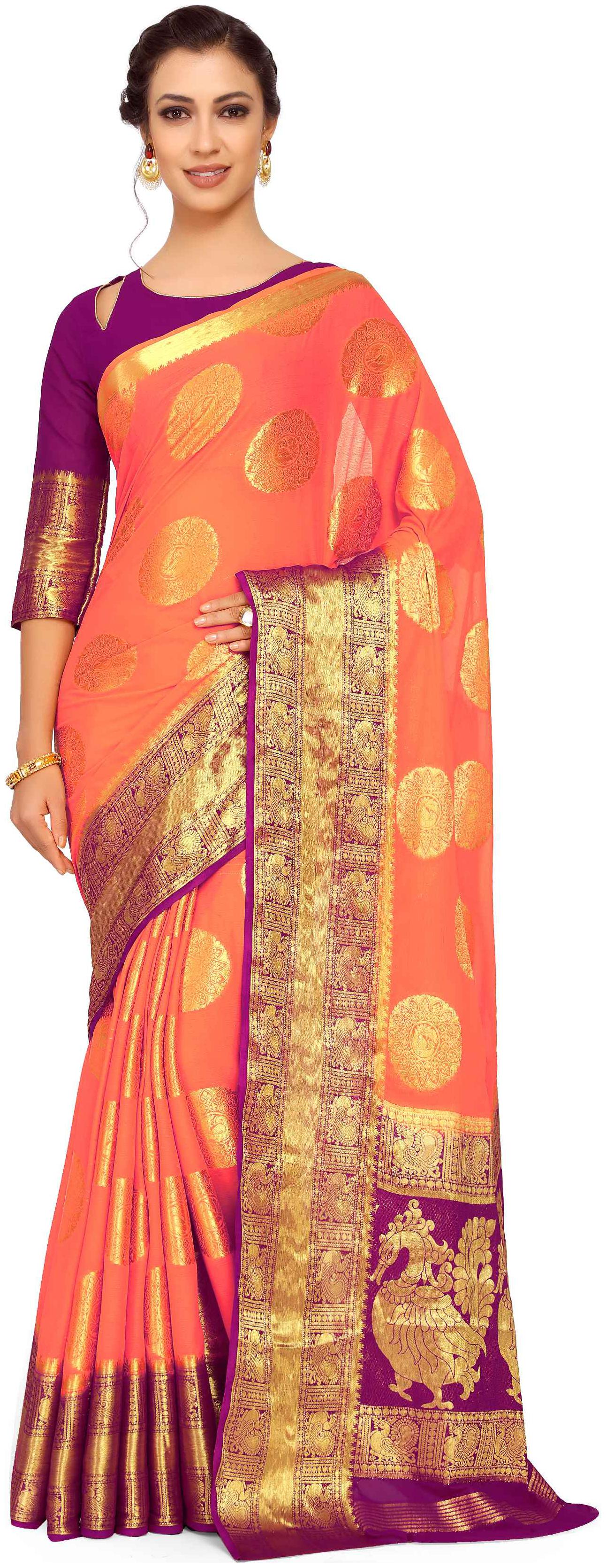 

Mimosa Art Chiffon silk Wedding saree Kanjivarm Pattu style With Contrast Color Orange (4264-2298-2D-PCH-MEJ)
