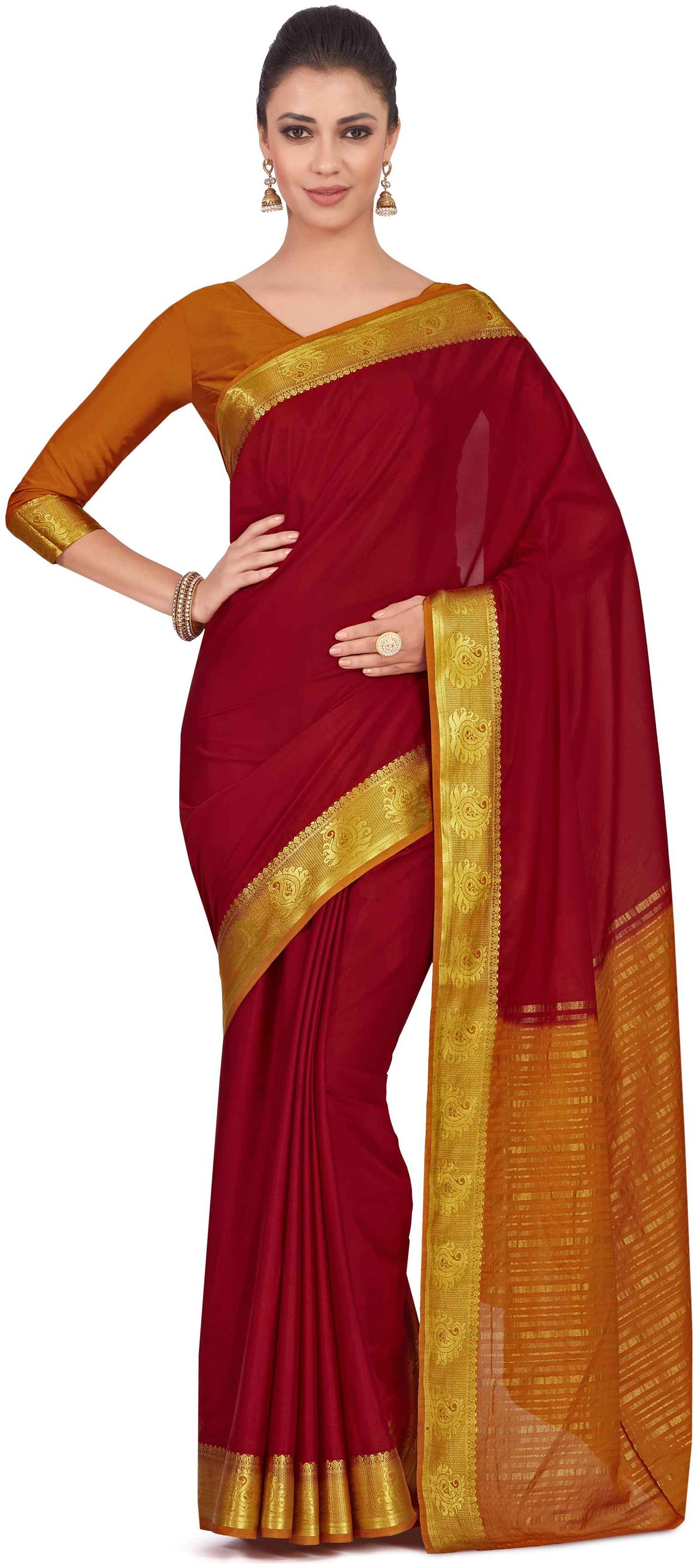 

Mimosa Art Crape silk Wedding saree Kanjivarm style With Contrast Blouse Color Red (4320-2262-2D-MRN-MST)