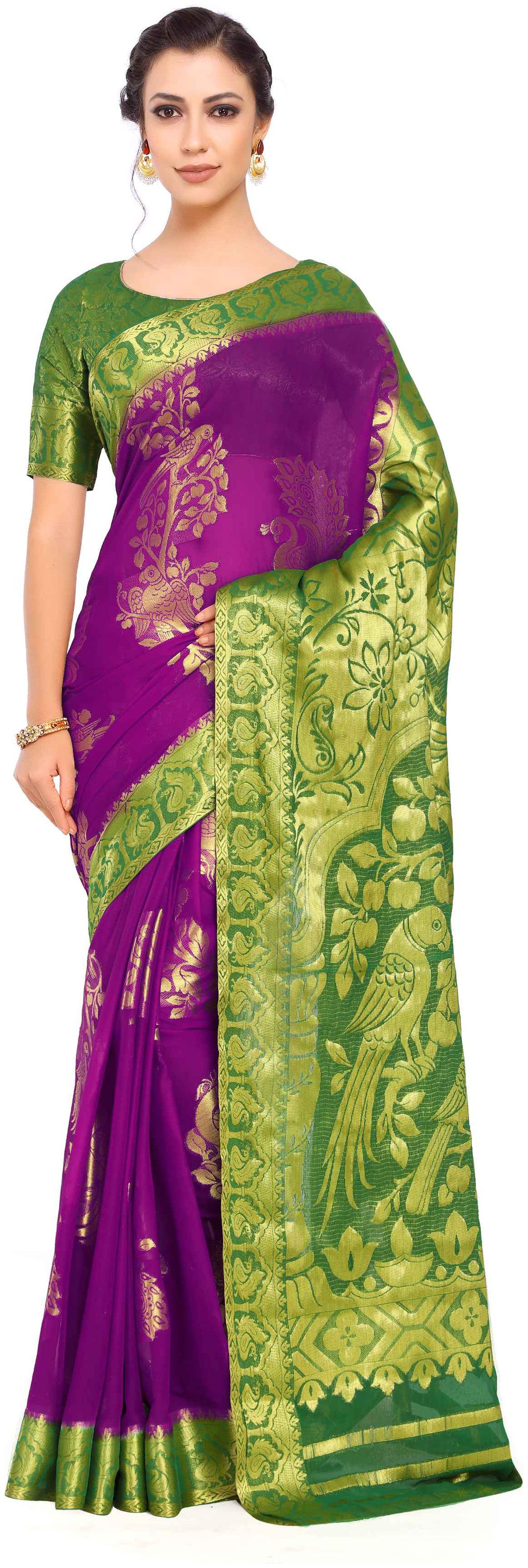 

Mimosa Art Chiffon silk Wedding saree Kanjivarm Pattu style With Contrast Color Purple (4253-2239-2D-MEJ-GRN)