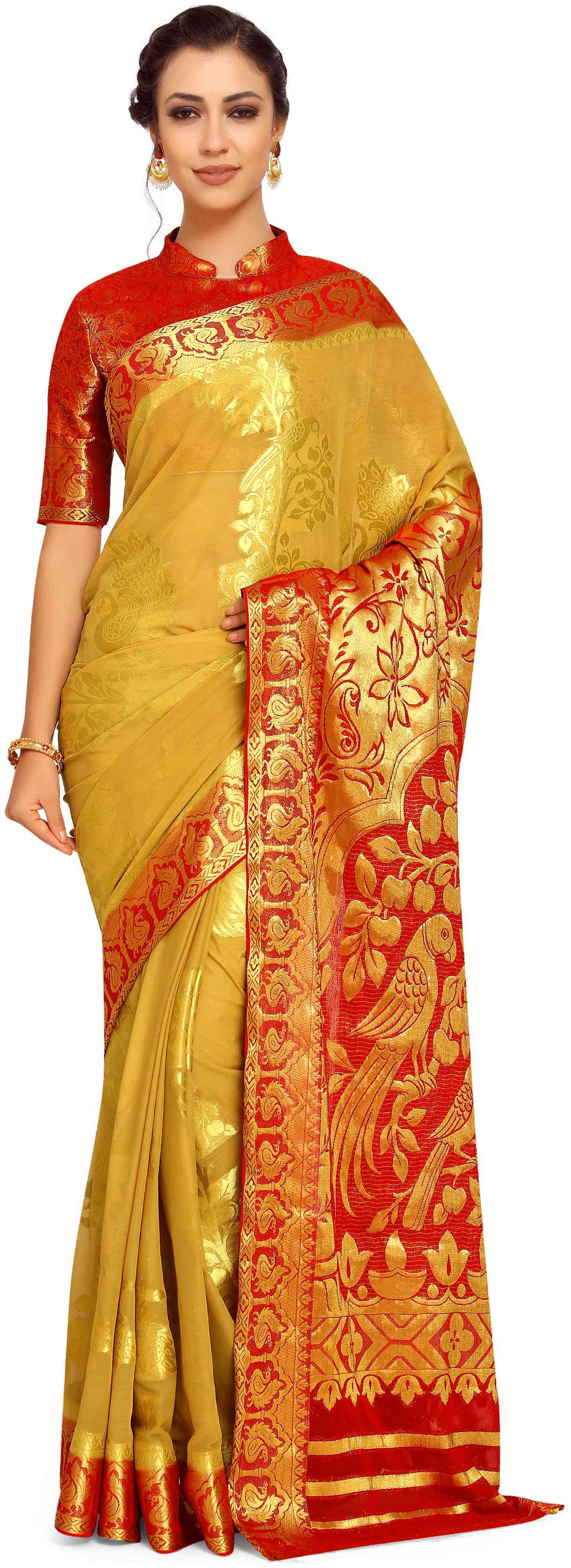 

Mimosa Yellow Woven Banarasi Regular Saree With Blouse With blouse