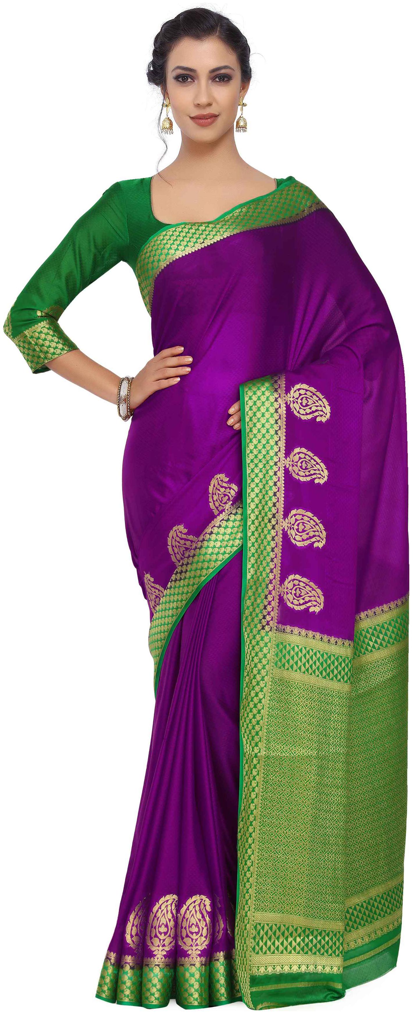 

Mimosa Art Crape silk Wedding saree Kanjivarm Pattu style With Contrast Blouse Color Purple (4246-2108-2D-MEJ-GRN)
