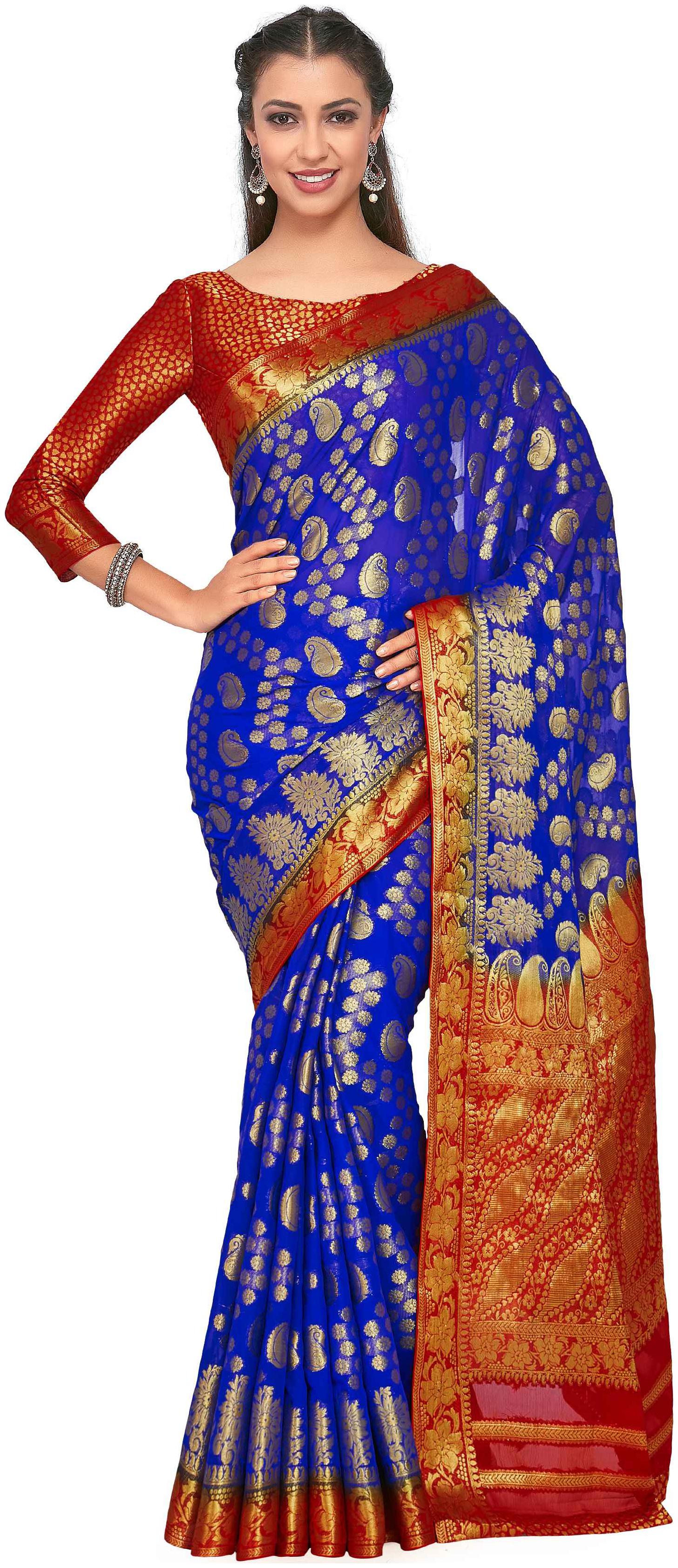 

Mimosa Art Chiffon silk Wedding saree Kanjivarm Pattu style With Contrast Double Blouse Color Blue (4244-2236-2D-RBLU-RD)