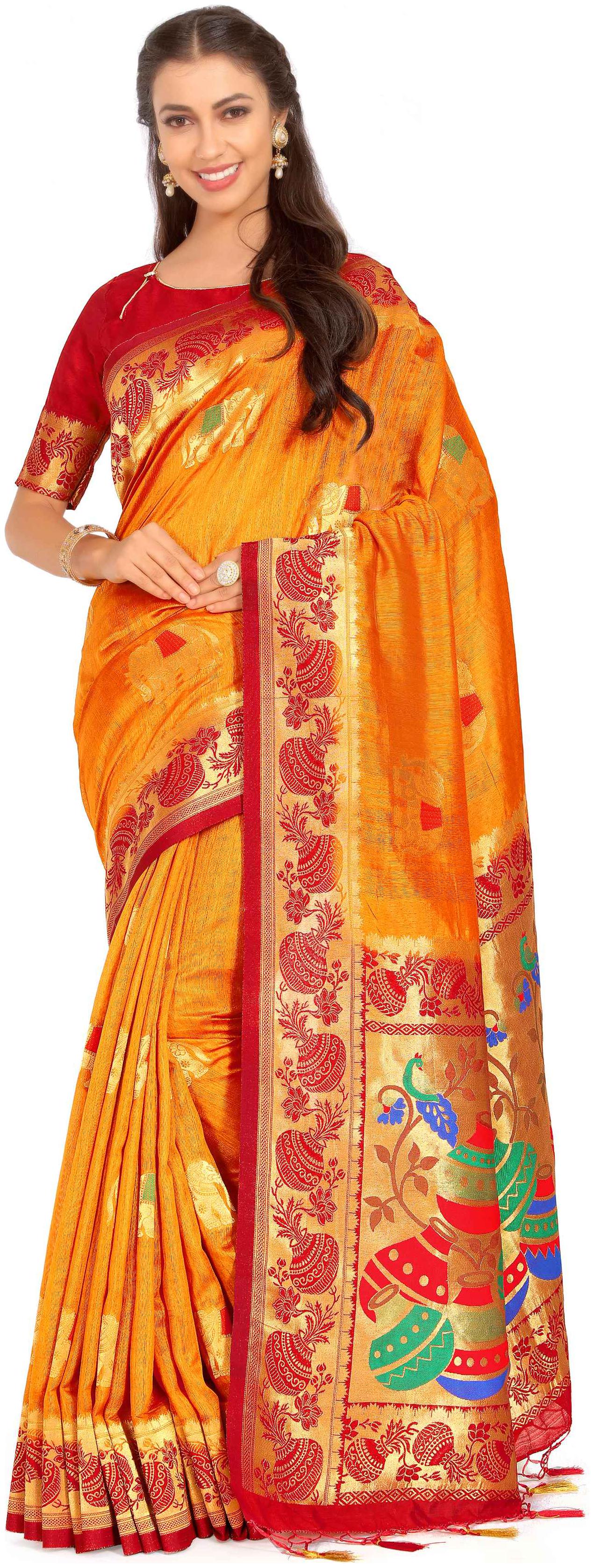 

Mimosa Yellow Woven Kanchipuram Silk Designer Saree With Blouse With blouse