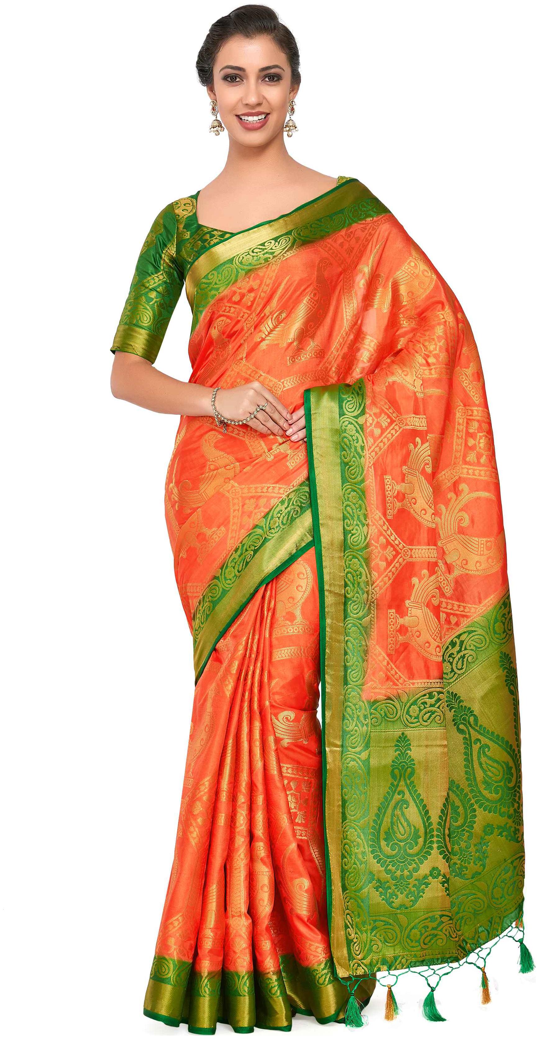 

Mimosa Art Patola Wedding Sik saree Kanjivarm Style With Contrast Blouse Color Orange (4301-360-2D-PCH-GRN)