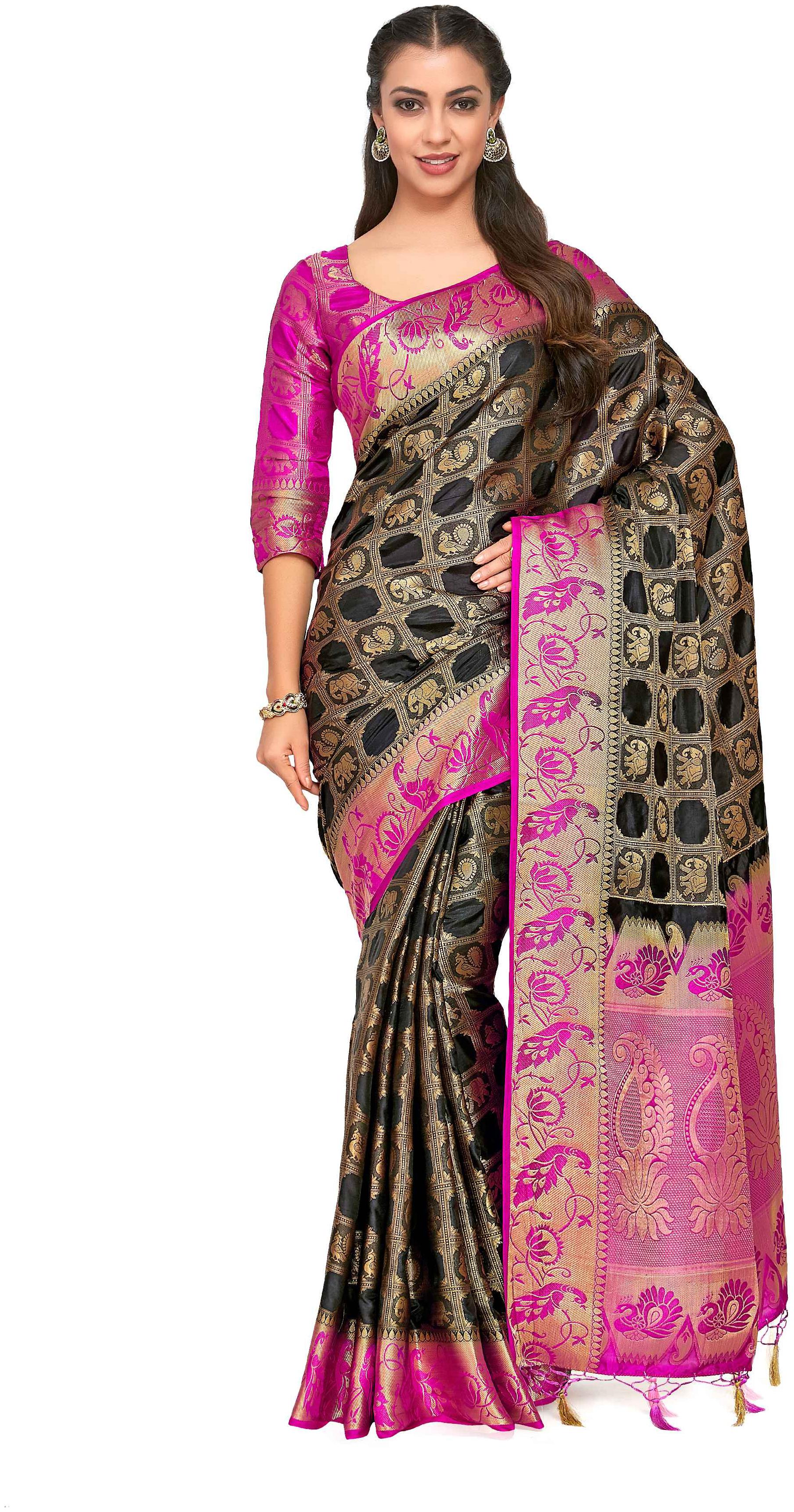 

Mimosa Art Patola Wedding Sik saree Kanjivarm Style With Contrast Blouse Color Black (4280-354-2D-BLK-RNI)