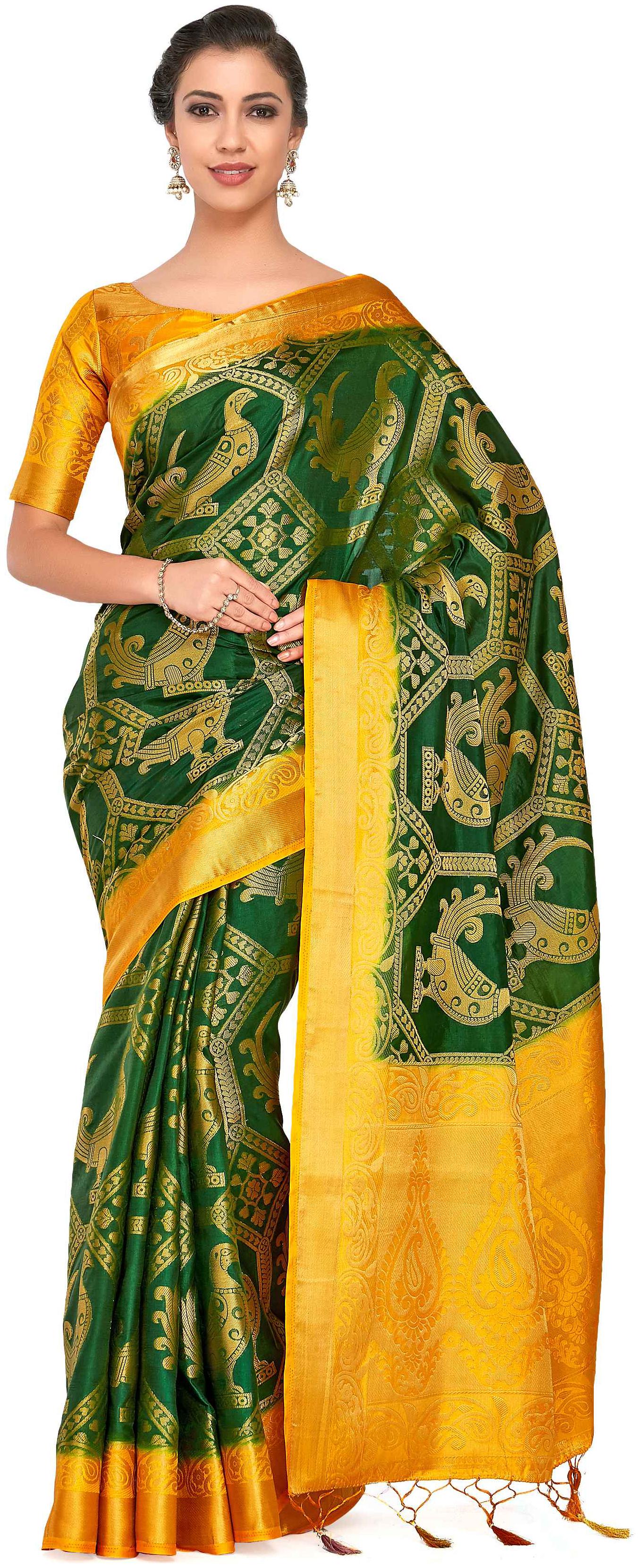 

Mimosa Art Patola Wedding Sik saree Kanjivarm Style With Contrast Blouse Color Green (4301-360-2D-BGRN-MST)