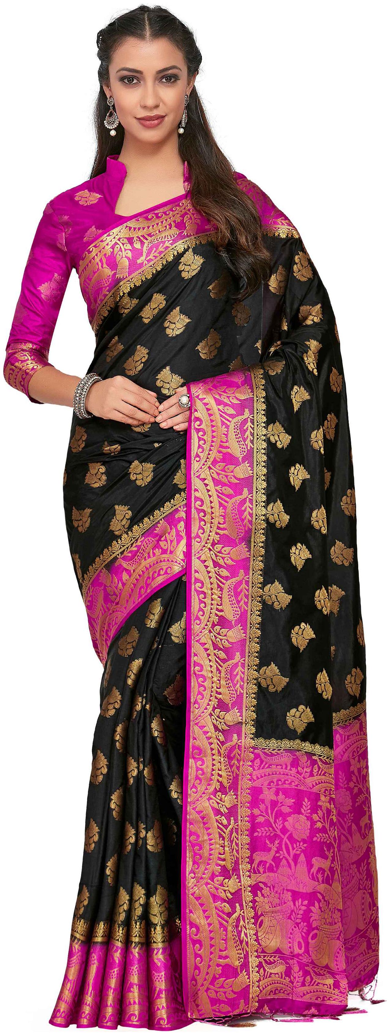 

Mimosa Black Woven Kanchipuram Silk Designer Saree With Blouse With blouse