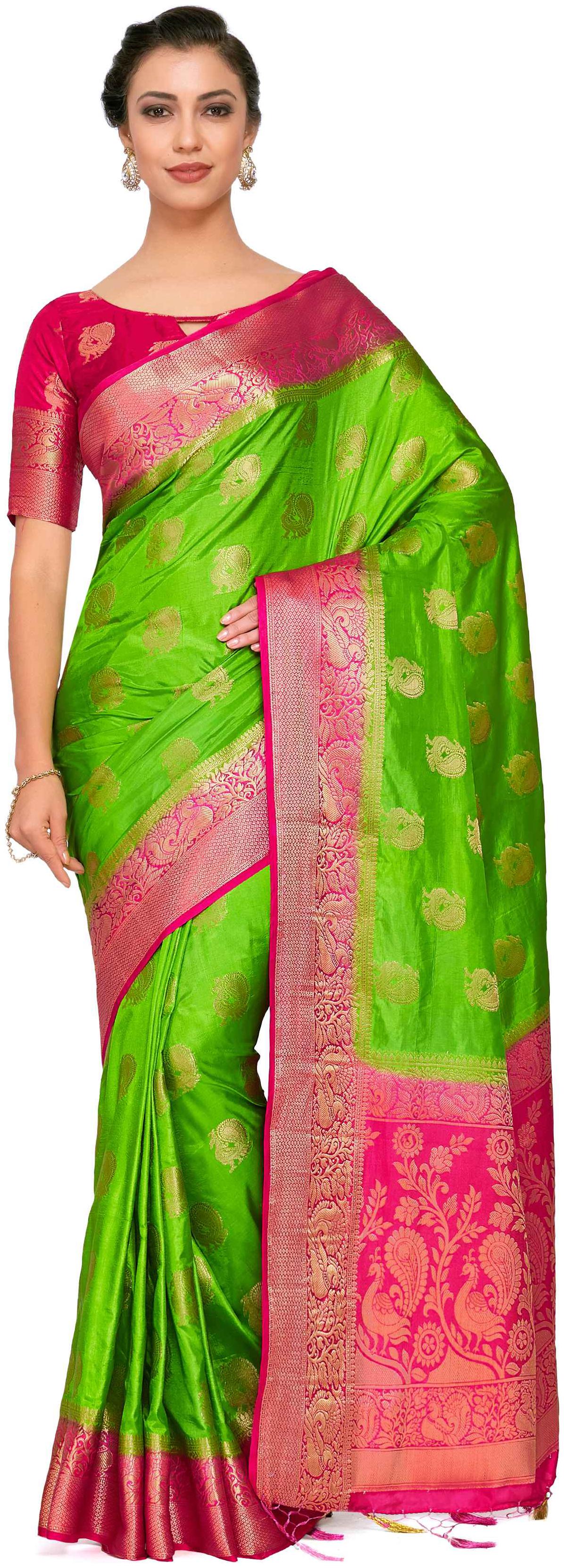 

Mimosa Art silk Wedding saree Kanjivarm Pattu style With Contrast Blouse Color Green (4310-328-2D-LRL-RNI)