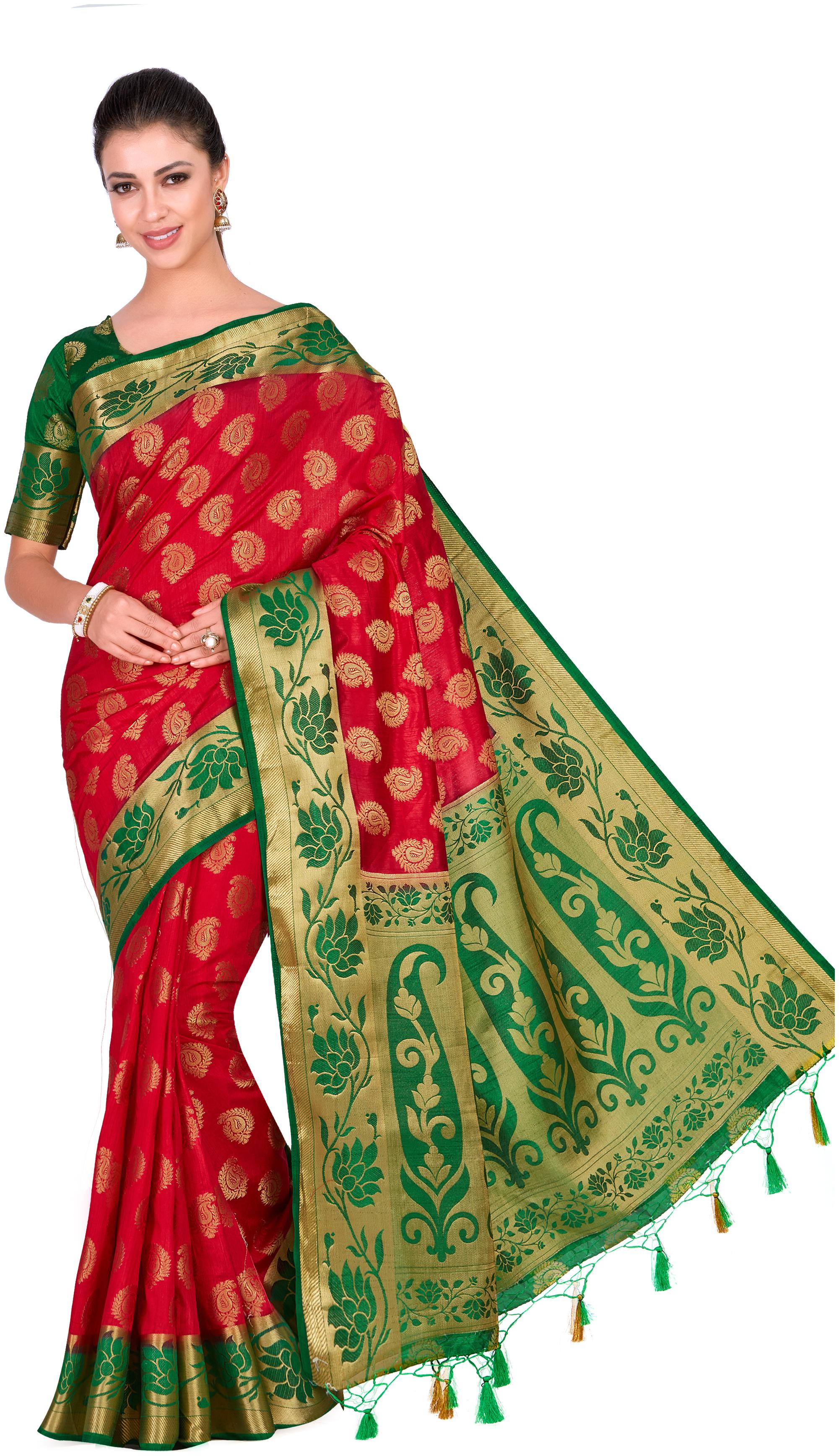 

Mimosa Red Woven Kanchipuram Silk Regular Saree With Blouse With blouse