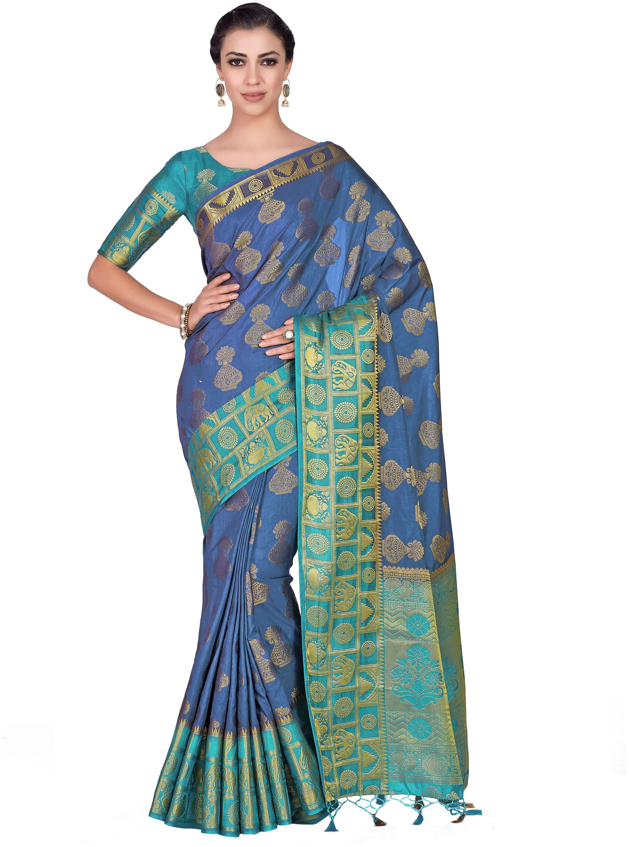 

Mimosa Art silk Wedding saree Kanjivarm Pattu style With Contrast Blouse Color Blue (4316-351-2D-GREY-SAFF)