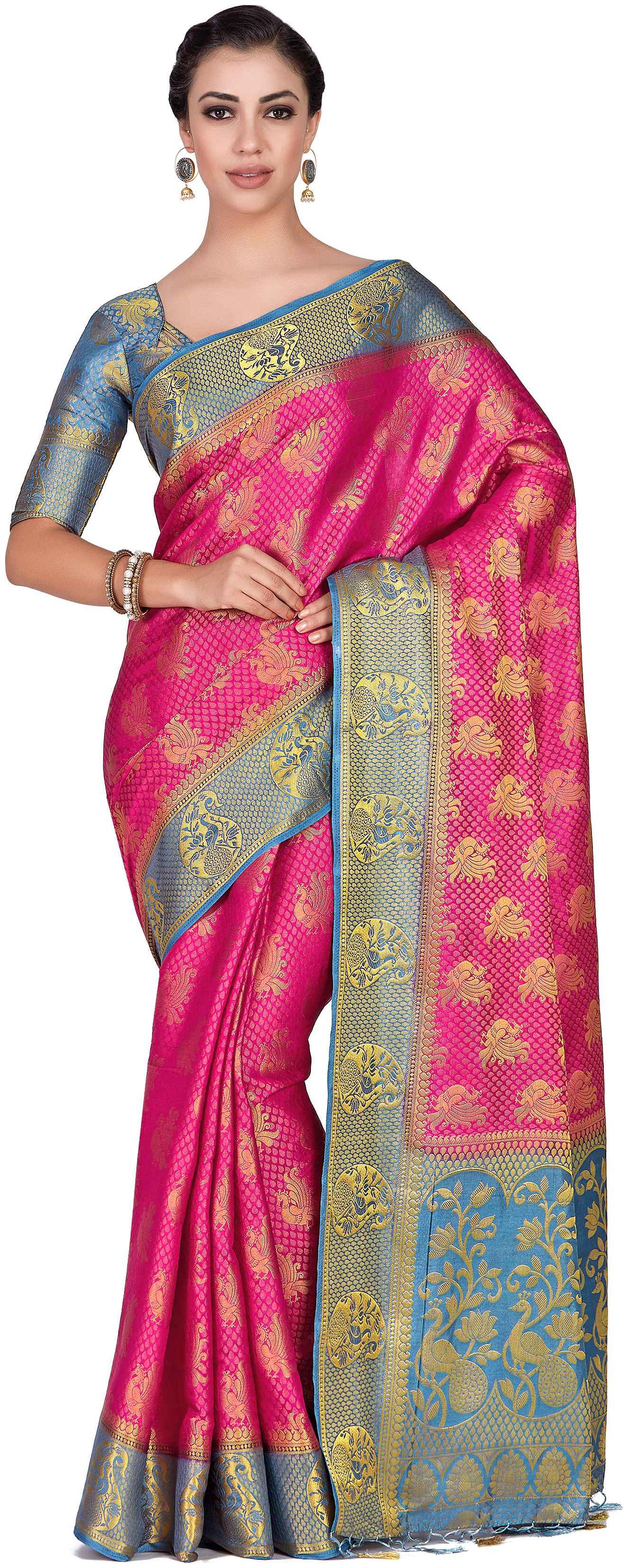 

Mimosa Art silk Wedding saree Kanjivarm Pattu style With Contrast Blouse Color Pink (4287-365-2D-RNI-GREY)