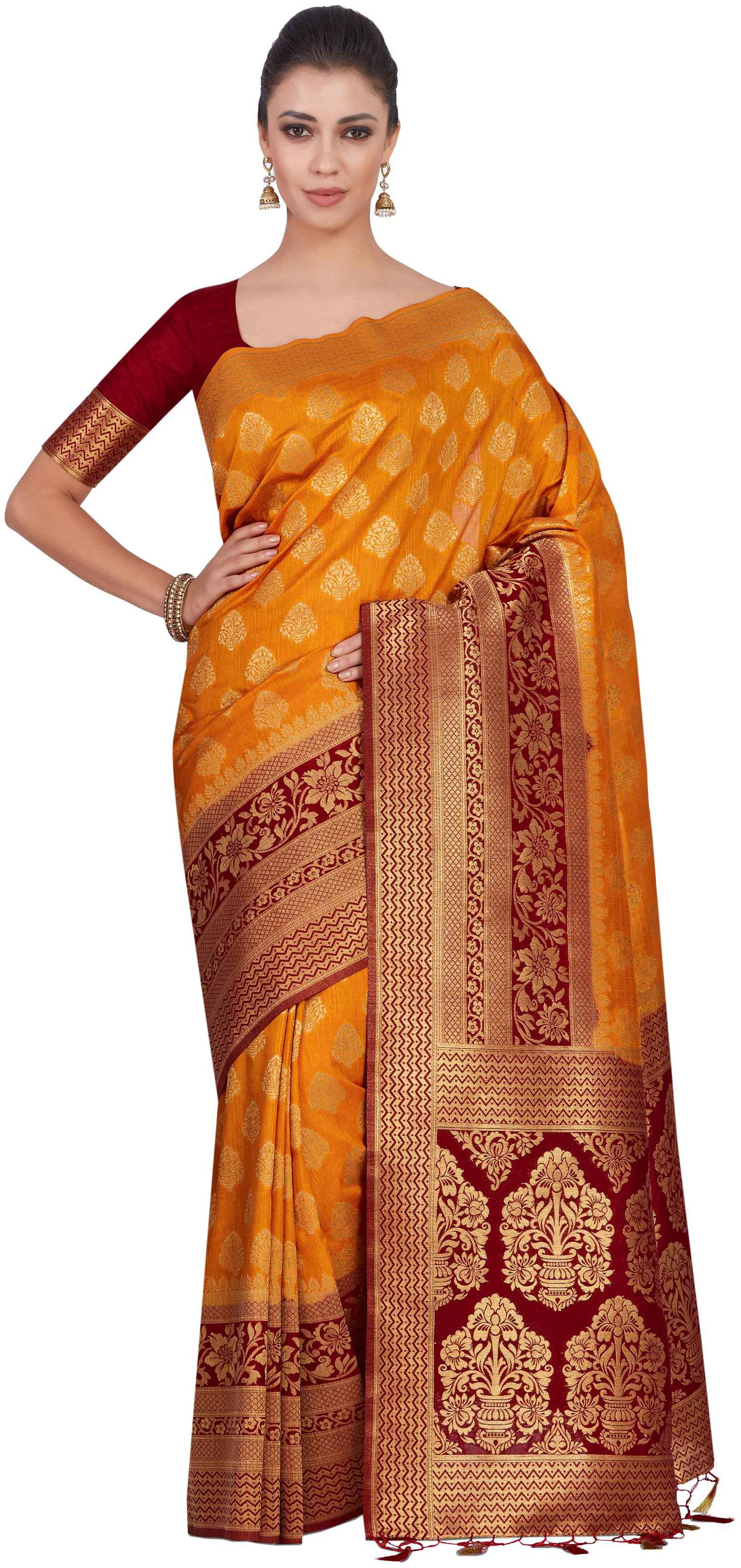 

Mimosa Yellow Woven Kanchipuram Silk Designer Saree With Blouse With blouse
